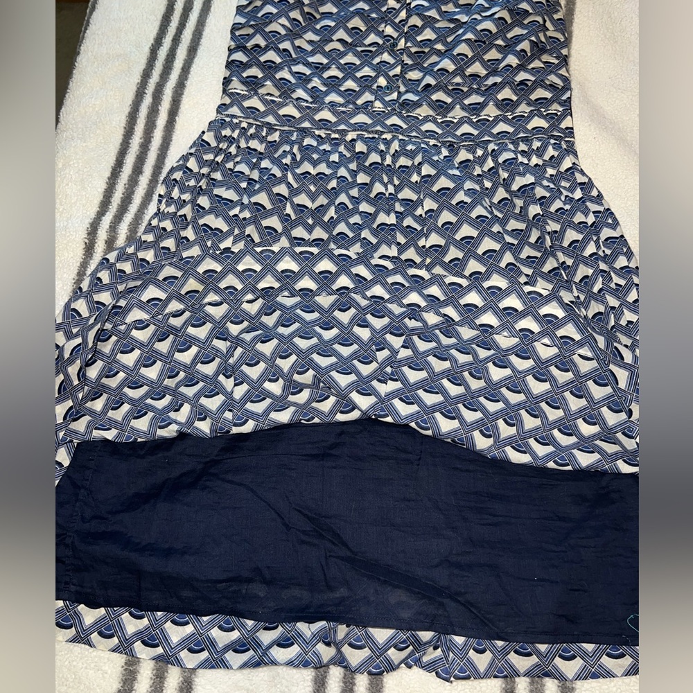 Tory Burch Blue White Geometric Print Sleeveless Pleated Dress Size 10 - Picture 10 of 13